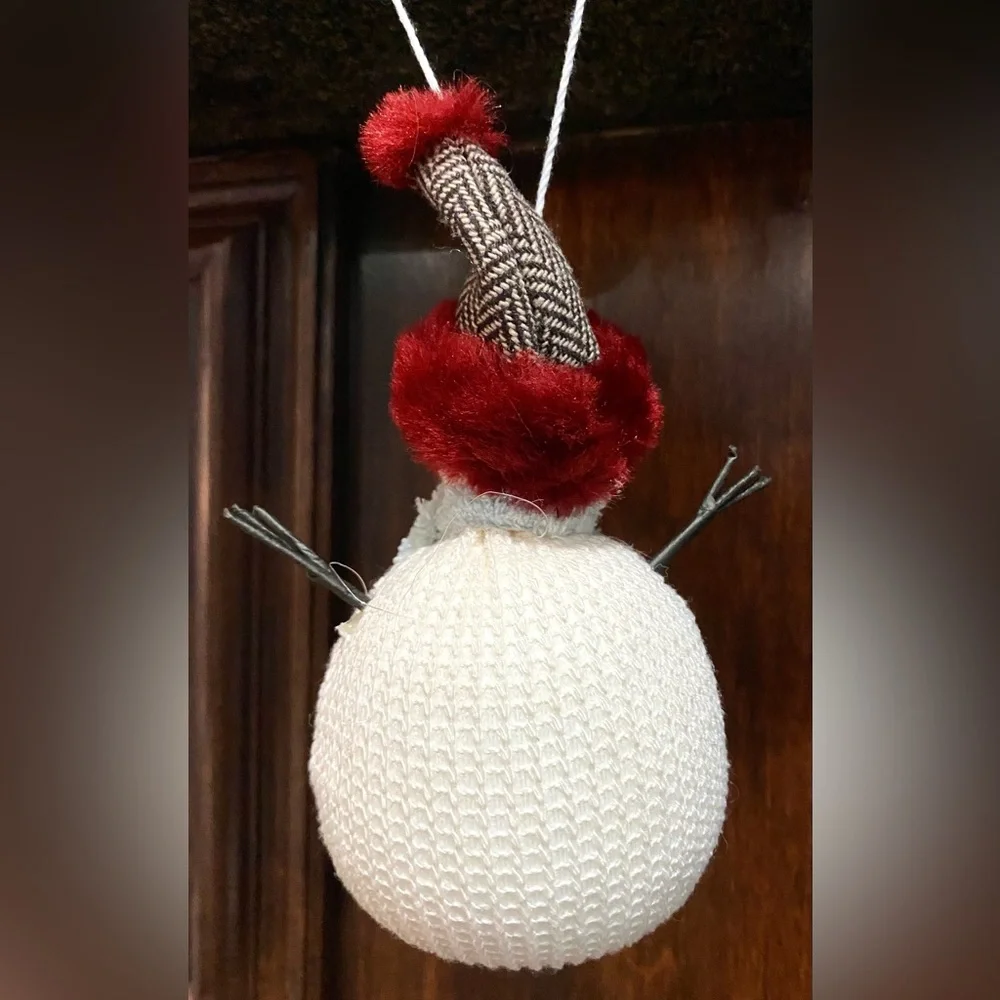 Snowman Cream Fabric Stick Arms Blue Scarf Red Hat Holiday Christmas Ornament